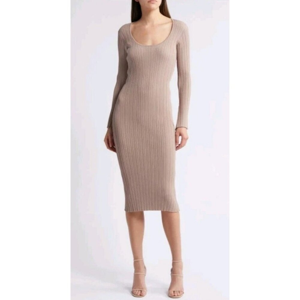 WAYF XL Ribbed Knit Midi Dress Nude Long Sleeve Scoop Neck Belted Nordstrom